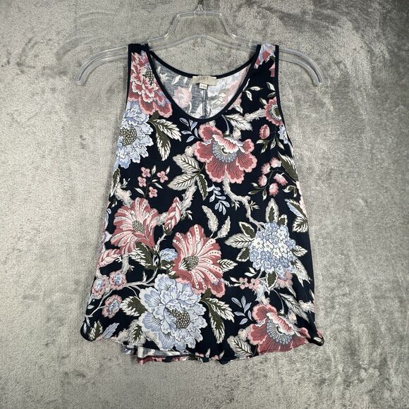 Loft Shirt Womens Small Petite Black Pink Blue Dark Floral Tank Bohemian Cottage - Picture 2 of 7